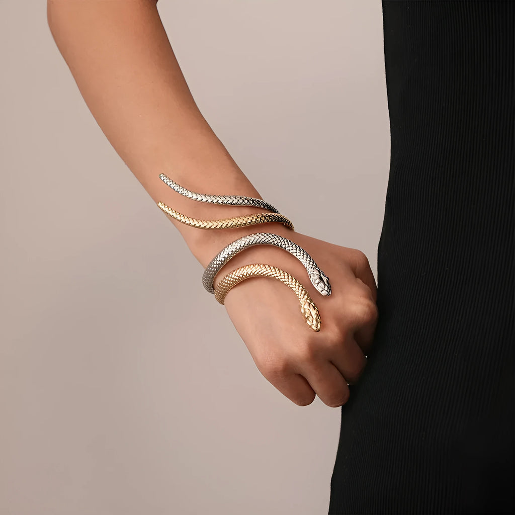 Gold twisted snake design ring and bracelet jewellery set with exaggerated winding metal construction