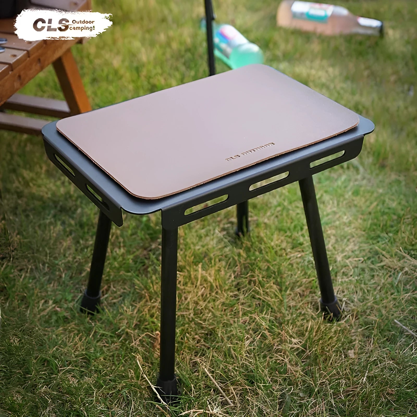 CLS aluminium folding camping stool shown in beige, extended as a table and folded with its storage bag.