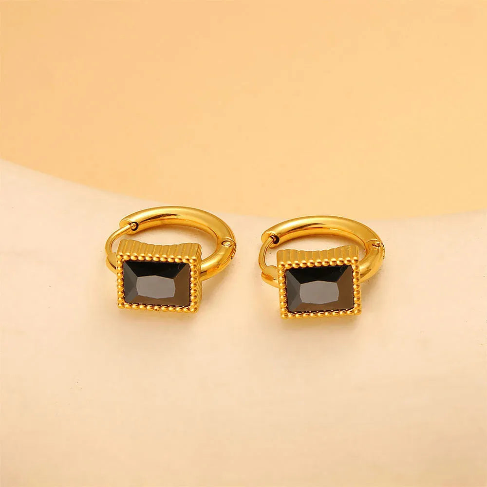 Geometric square stainless steel earrings with zircon detailing in electroplated white, black and green colours
