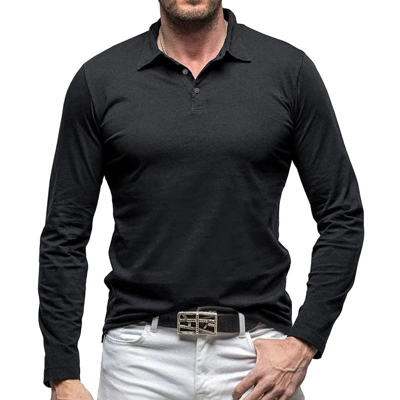 Men's dark grey long sleeve polo collar cotton t-shirt shown front on, American retro style.