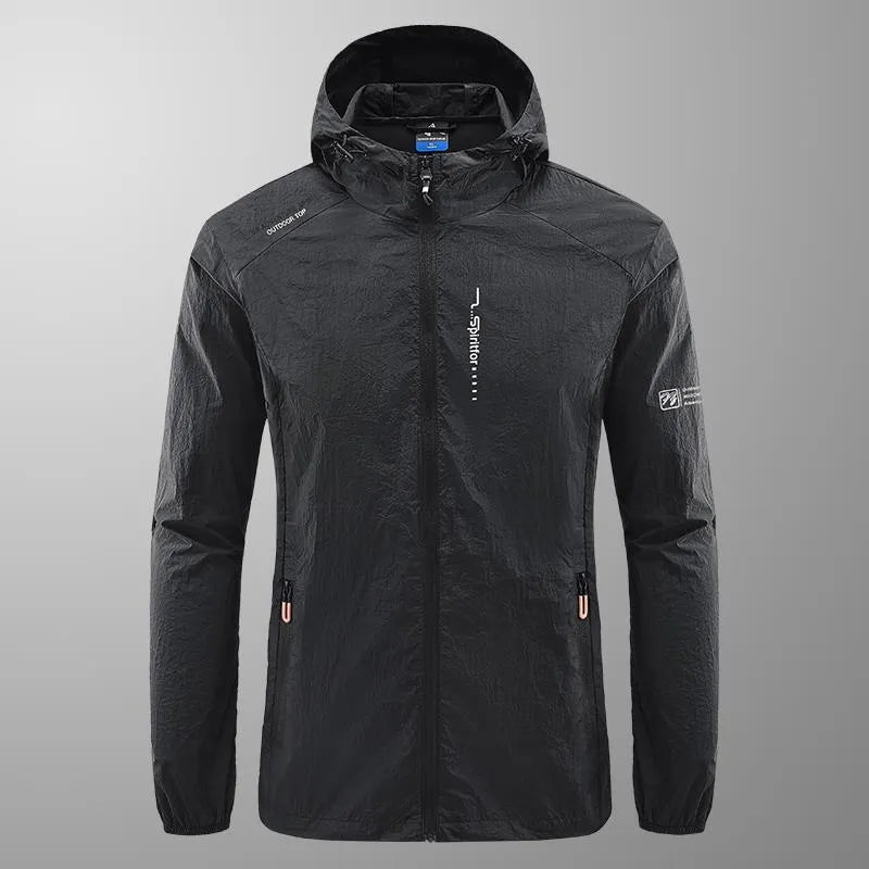 Men's light grey summer hooded jacket in thin nylon fabric with loose fit
