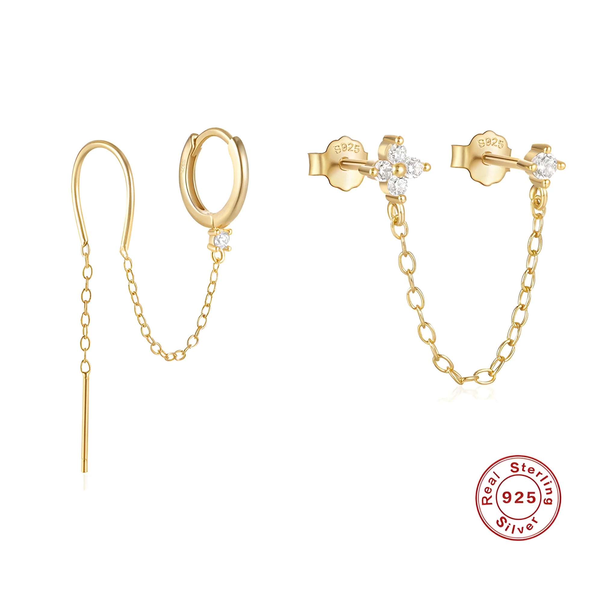 S925 sterling silver geometric earrings with flower and tassel chain decoration in golden finish