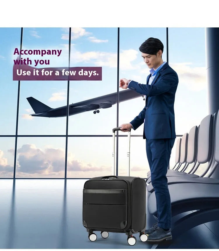 Black 18 inch Oxford cloth business suitcase with retractable handle and universal wheels.