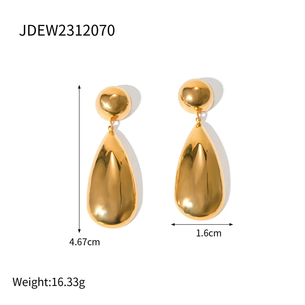 Gold-coloured stainless steel earrings with geometric water drop hemisphere pendant design