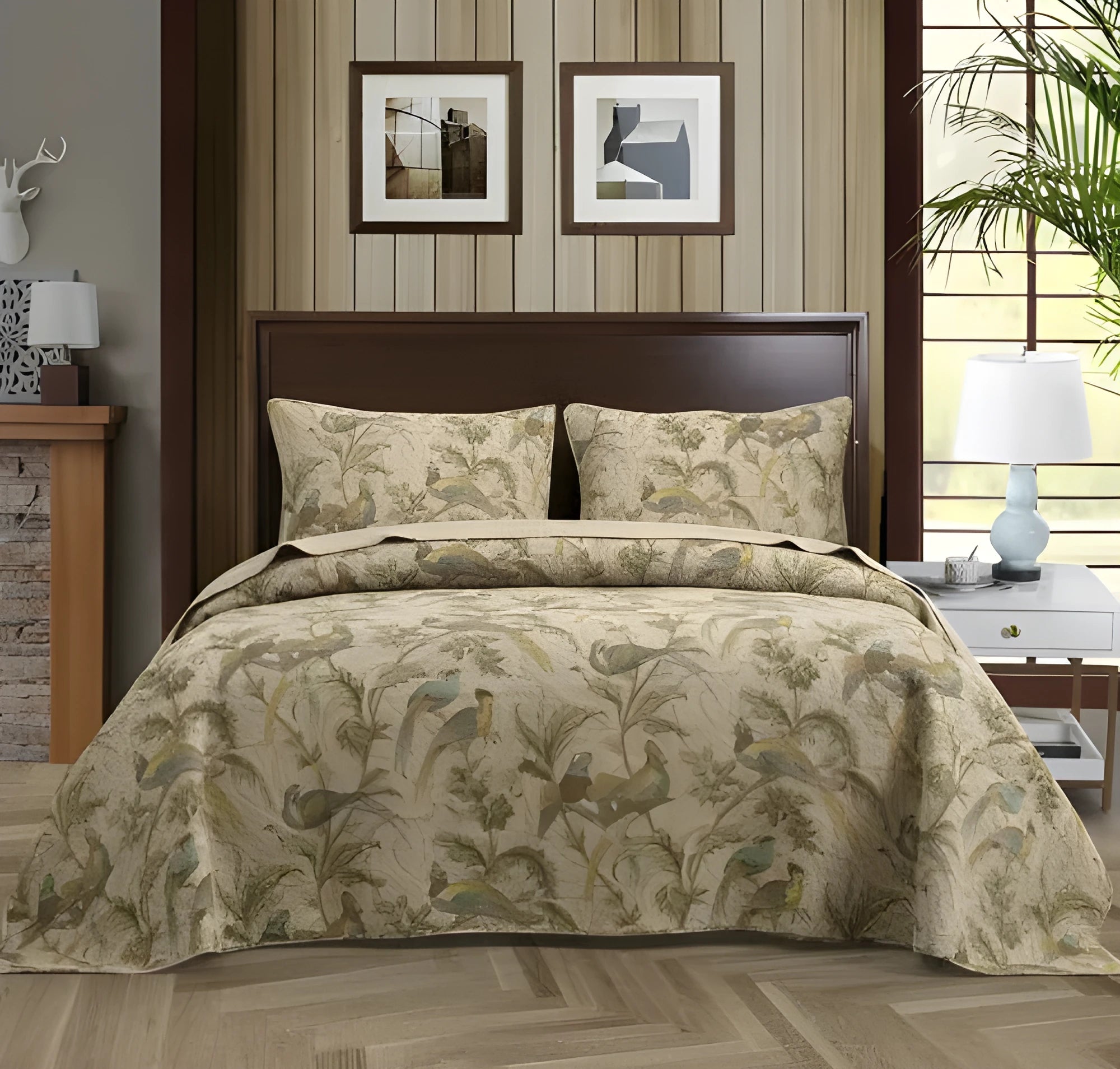 Blue American floral and bird quilted cotton bedspread set with three pieces for a double bed
