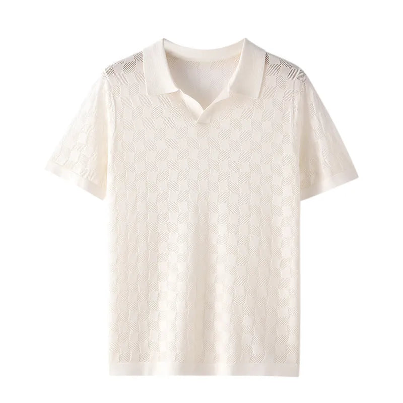 Men's mulberry silk short sleeve sweater with lapels in solid colour for business casual wear