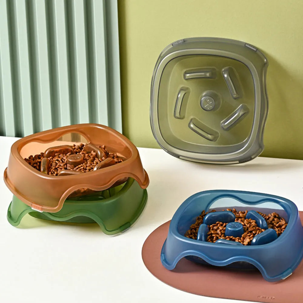 Plastic dog slow feeder bowl with anti-choking maze design in blue colour option