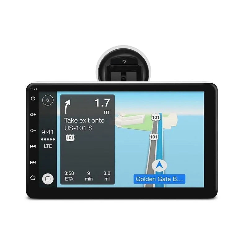 7 inch wireless CarPlay car navigator with suction cup mount on dashboard.