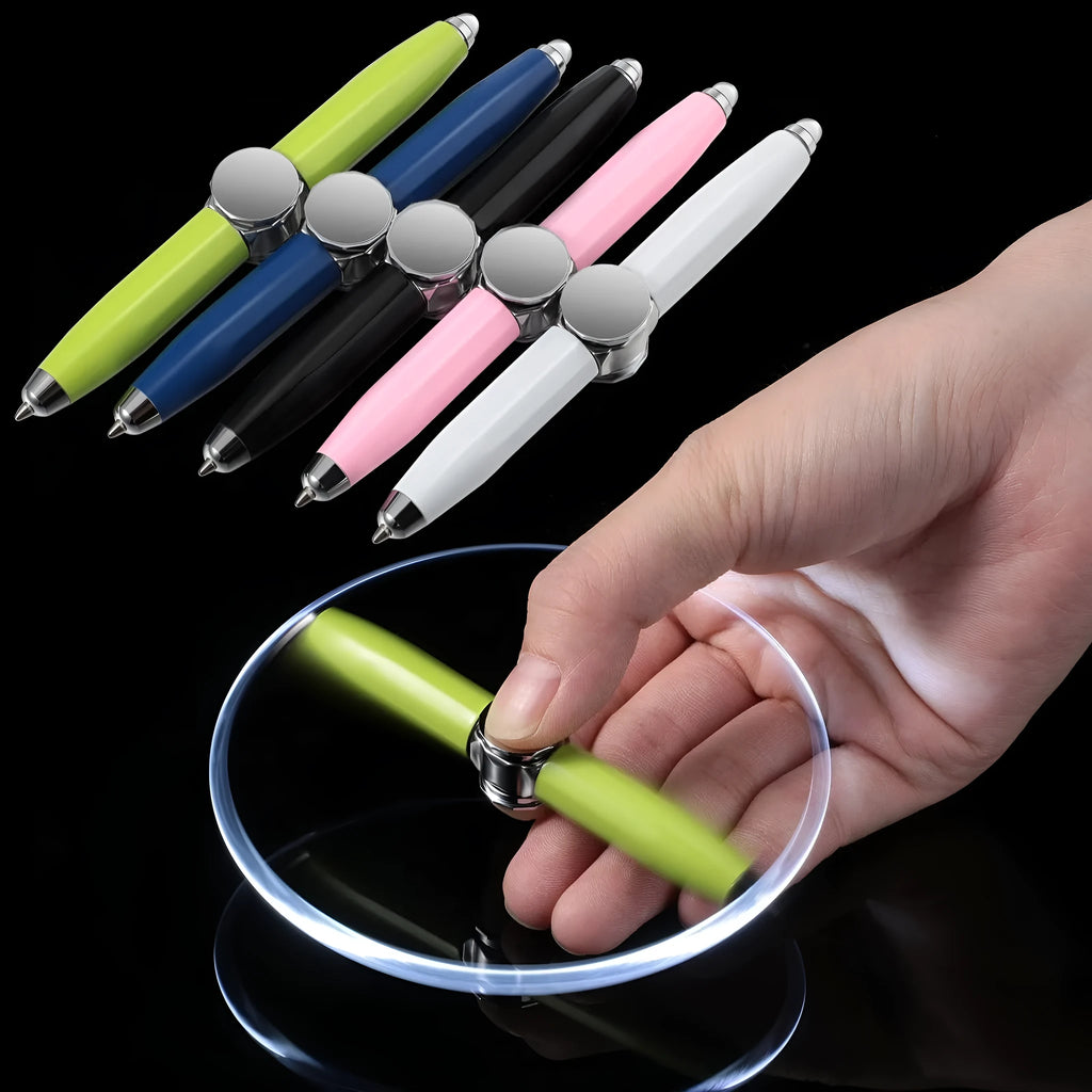 Metal ballpoint pen with a built-in fingertip gyro spinner and LED light, shown in multiple ink colour options.