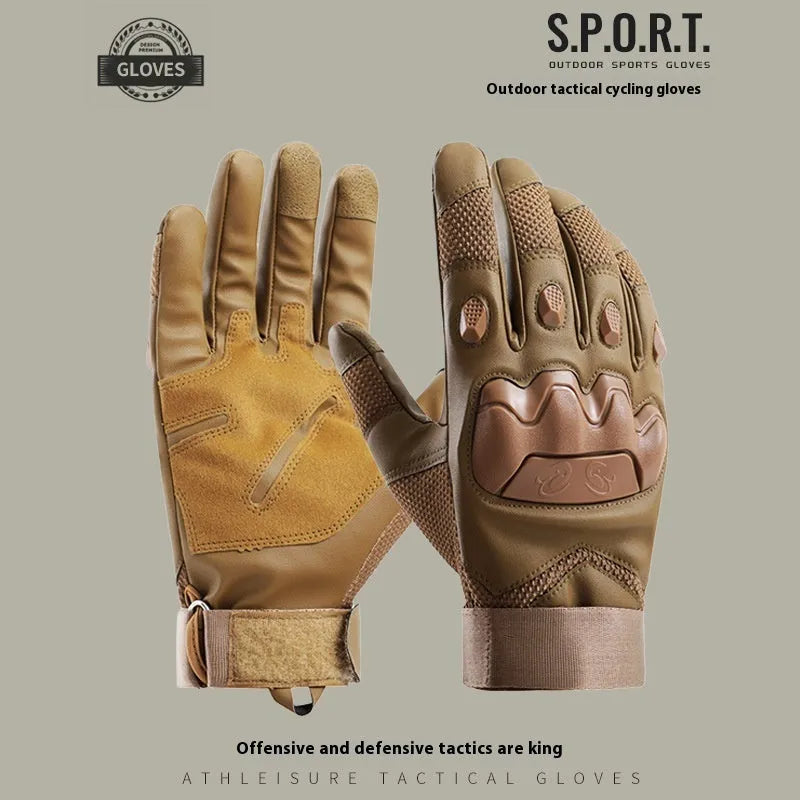 Men's black full finger tactical gloves with touch screen capability on the fingertips.