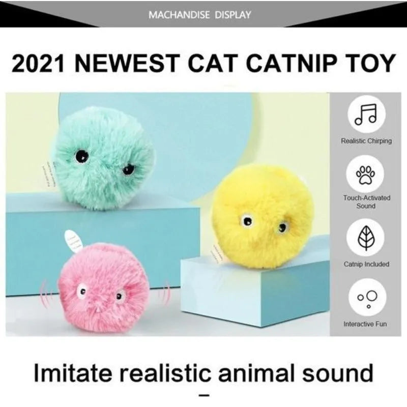 55mm diameter interactive cat toy ball in blue, pink, or yellow colours with animal sound effects