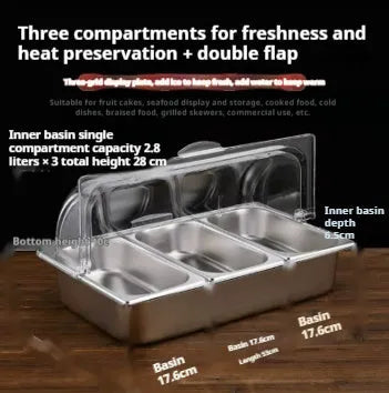Stainless steel commercial dining plate display box with a removable lid and multiple inner compartments.