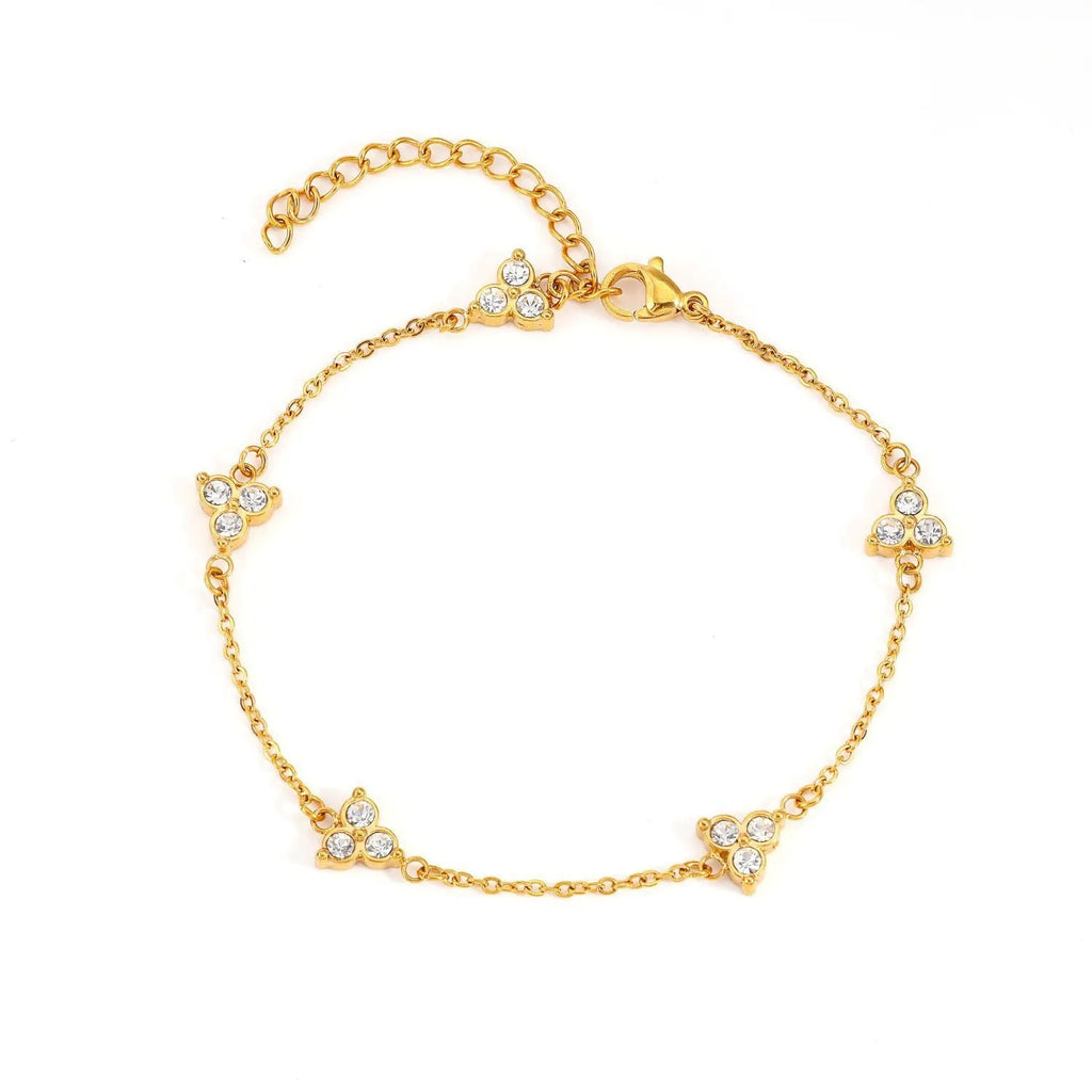 Women's stainless steel bracelet with three triangular charms set with coloured zircon stones.