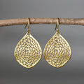 Gold retro leaf hollow pendant drop earrings with an alloy construction.