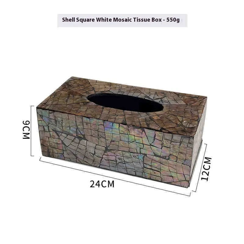 Black rectangular and square natural shell tissue box holder with removable storage tray.