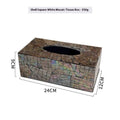 Black rectangular and square natural shell tissue box holder with removable storage tray.
