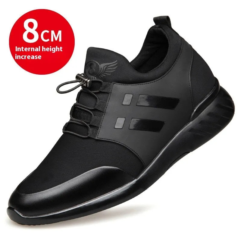 Men's black casual shoes with hidden height increase, showing chunky rubber sole and choice of leather or mesh upper