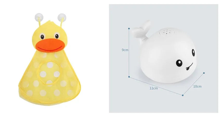 White and blue whale-shaped bath toy with water spray and LED lights floating in water