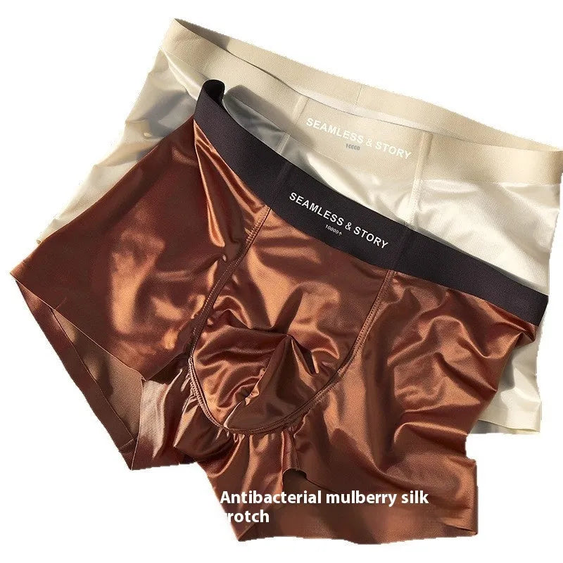 Men's ice silk satin boxer shorts on a white background, showing mid-waist design.