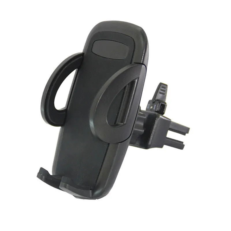 Black plastic mobile phone holder mounted on car air conditioning outlet with phone inserted
