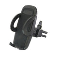 Black plastic mobile phone holder mounted on car air conditioning outlet with phone inserted