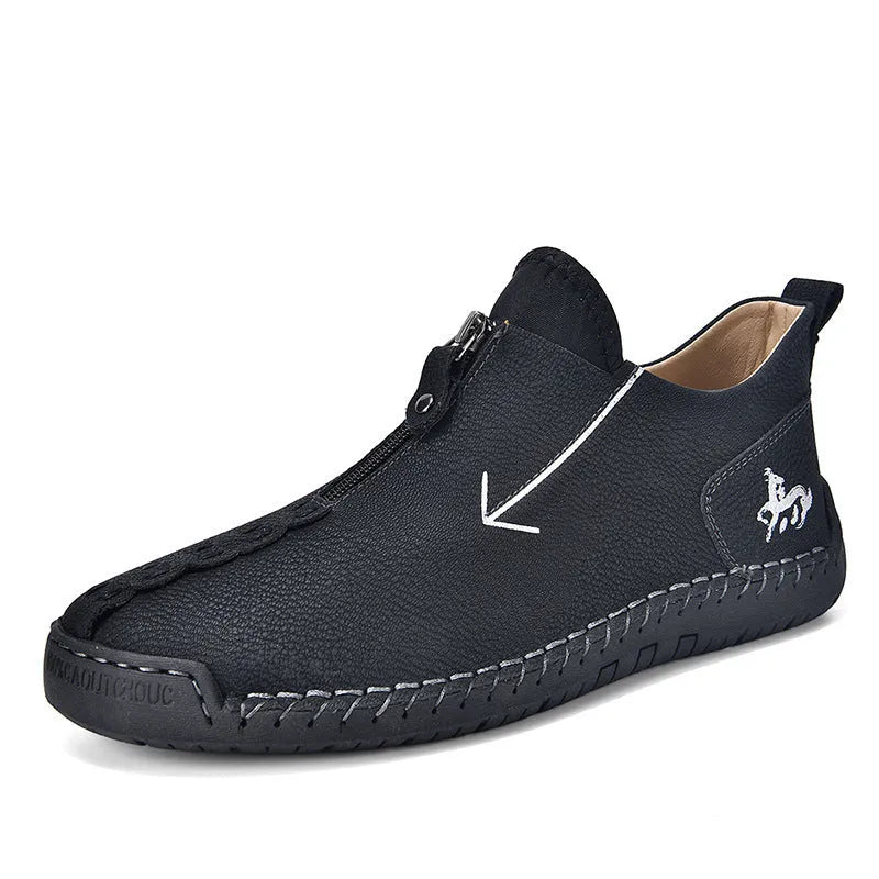 Men's black artificial PU leather Martin boots with front zipper and hand-stitched rubber sole
