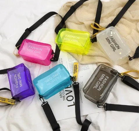 Clear square single shoulder bag made from PC plastic with adjustable strap in multiple colours