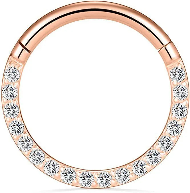 A round stainless steel seamless nose ring shown in gold, rose gold, black, and steel colour finishes.