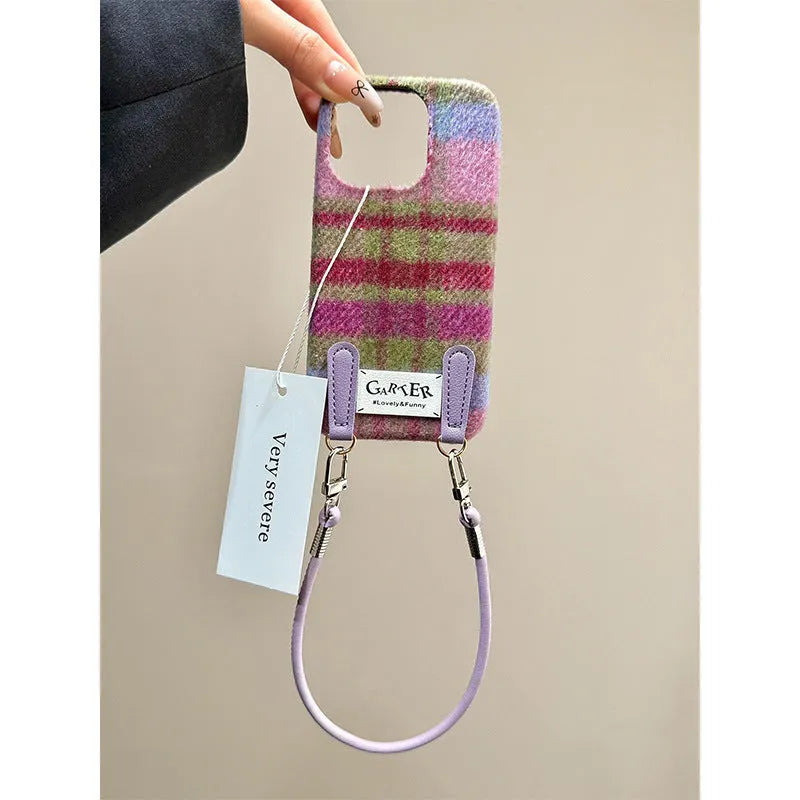 Fleece flannel plaid phone case with wristband for iPhone 13-16 series, half-pack embossed design
