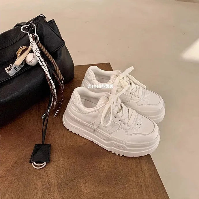 White cowhide leather platform height increasing casual lace up sports board shoes for women