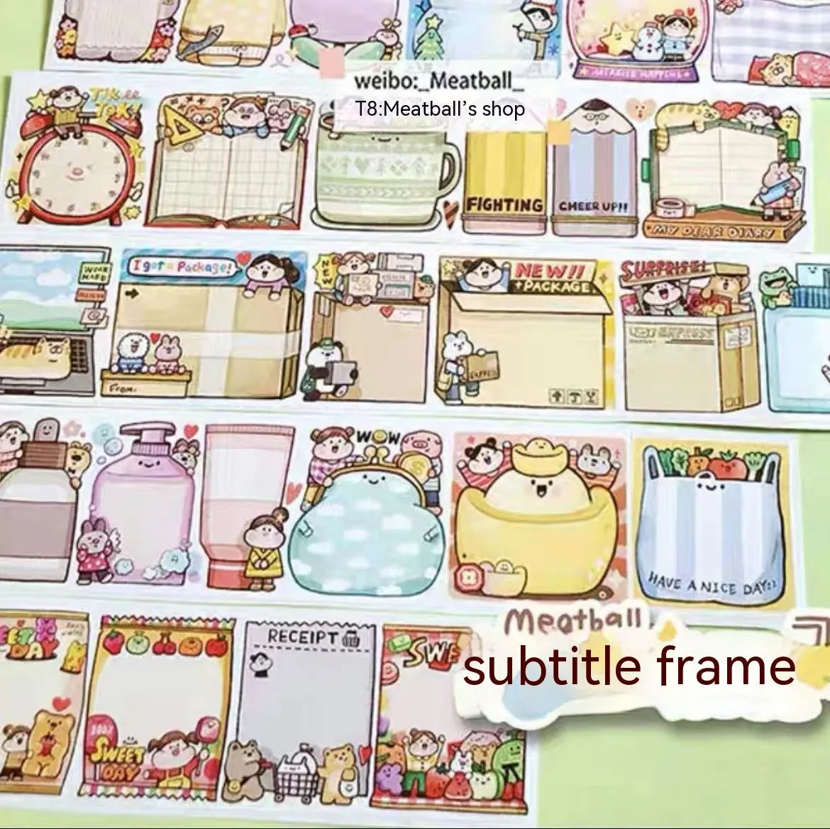 Sheet of cute cartoon character stickers on Japanese paper for haemorrhoid tape packaging and planners.