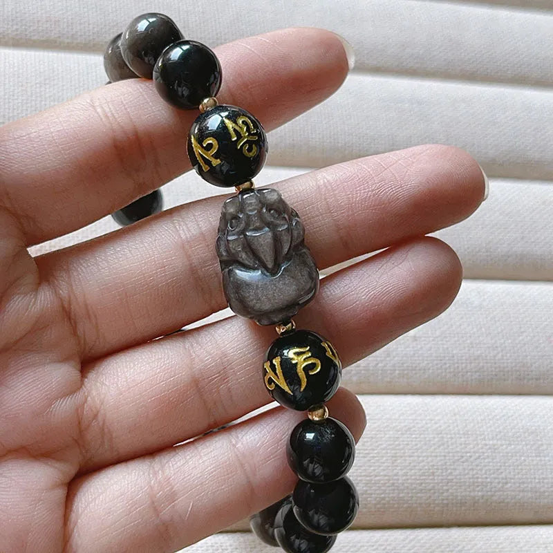 Men's natural silver stone bracelet with Chinese zodiac designs and proverb beading on adjustable band