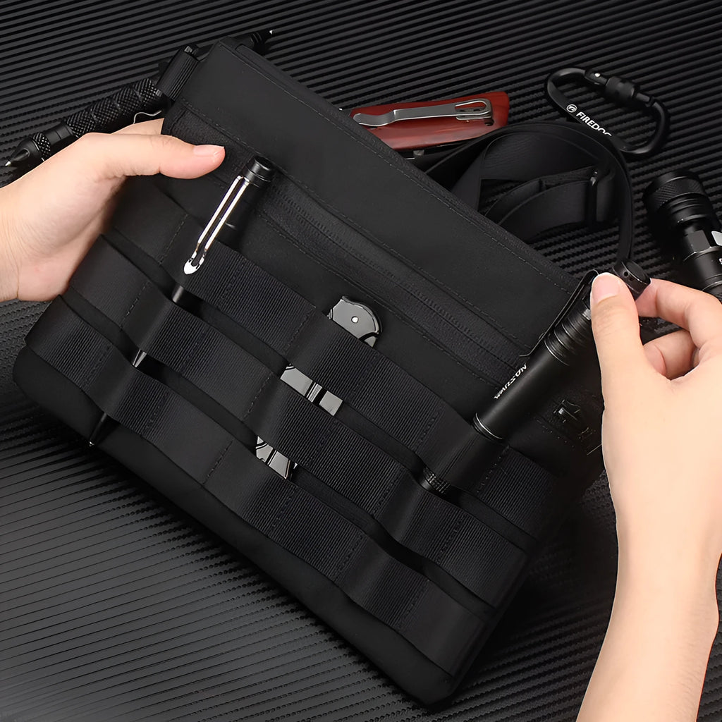 Black Oxford cloth military tactical outdoor pouch measuring 18 by 3.5 centimetres