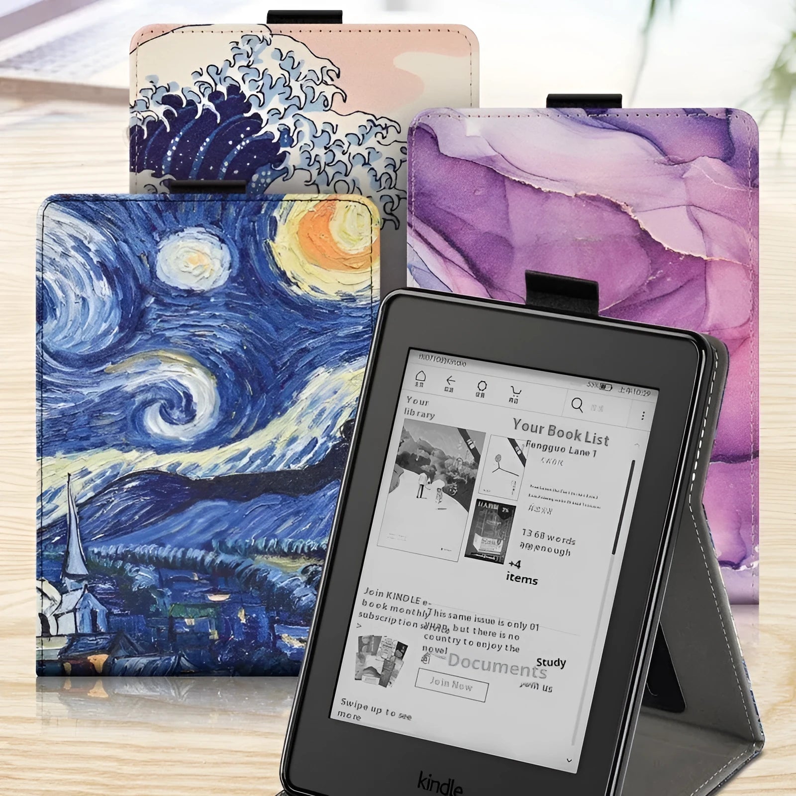 Kindle protective case with bracket handle in TPU material showing embossed design options