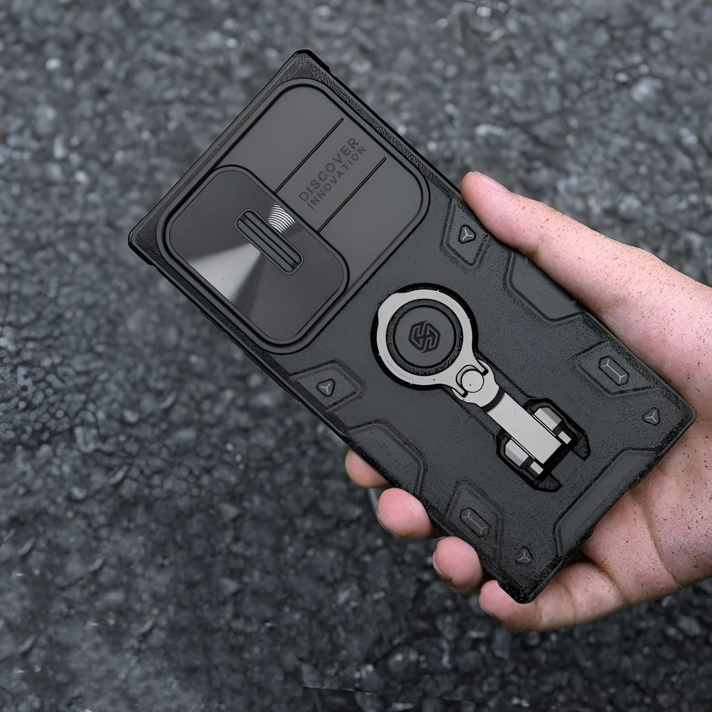 Samsung S23 Ultra black shockproof case with lens cover closed and ring bracket extended
