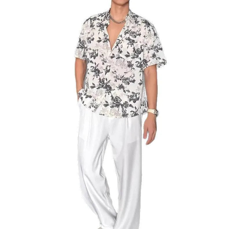 Loose casual floral printed short sleeve shirt in black or white colour options