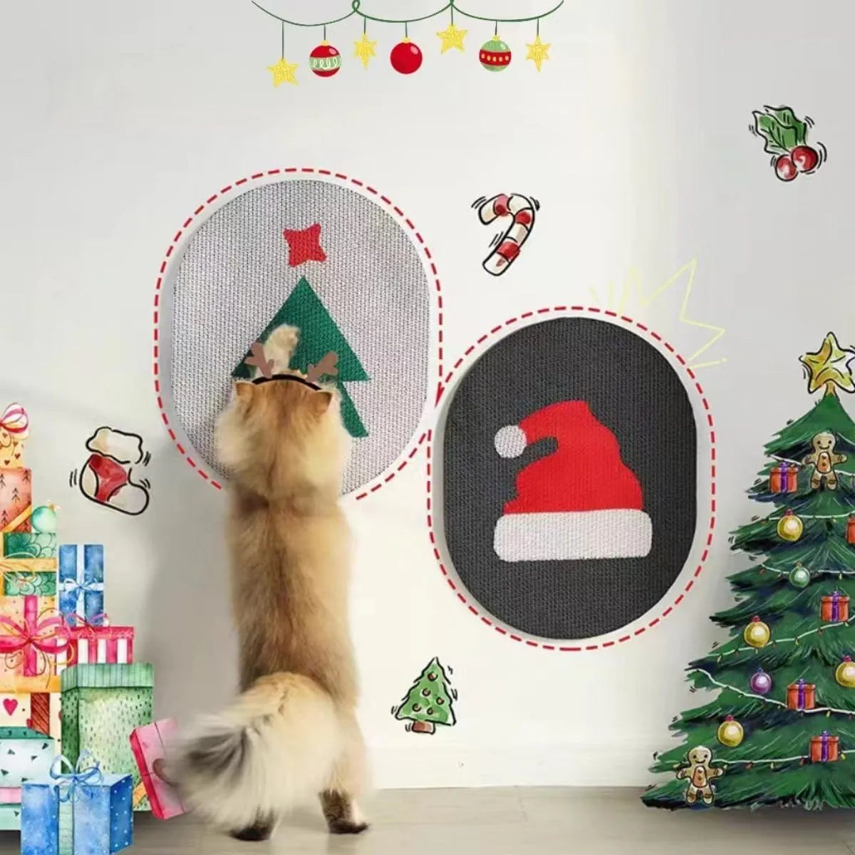 Wall-mounted corrugated cardboard cat scratcher with a decorative design on a wall.