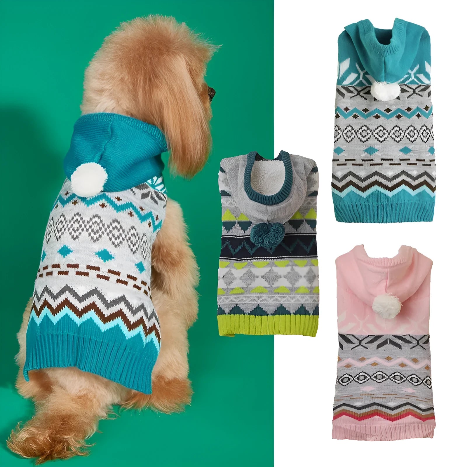Green diamond pattern knitted acrylic sweater on a small dog, showing ribbed cuffs and classic knit design.