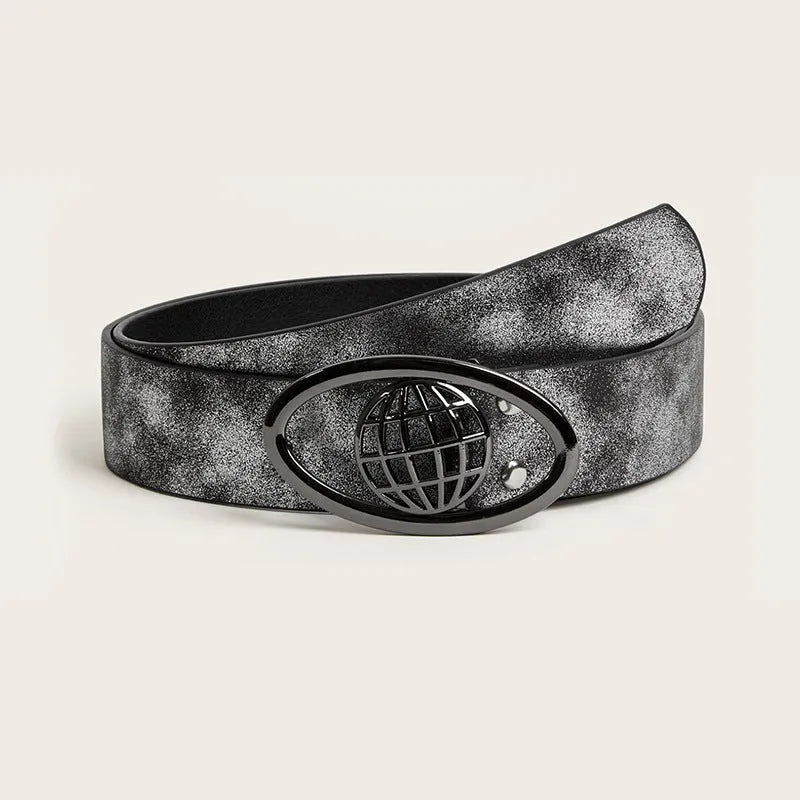 Women's retro thick belt with oval alloy buckle on antique finish PU leather in multiple colour options