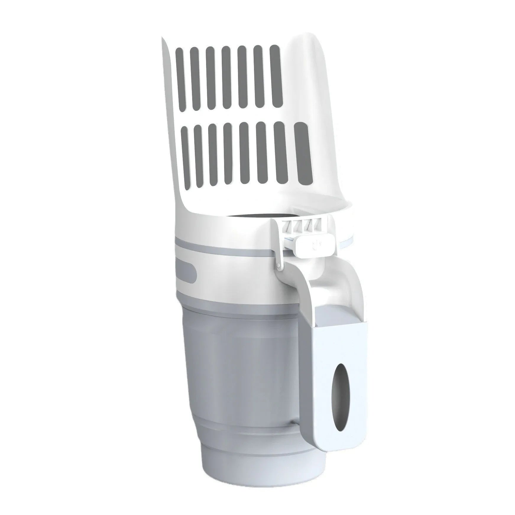 Grey cat litter scoop with attached waste collection bin showing foldable bottom design