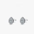 Close-up of a pair of polished silver water drop shaped ear studs on a 925 sterling silver post.