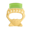 Shell-shaped plastic pet grooming brush with bent wire bristles, anti-slip handle in green colour