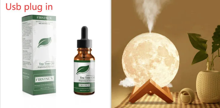 White spherical lunar humidifier night light with USB charging cable on a wooden surface.