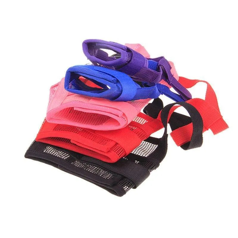 Adjustable plastic dog safety muzzle in cage design available in multiple colours and sizes
