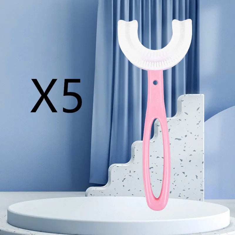 Children's U-shaped soft rubber toothbrush in pink and blue colours for milk teeth cleaning
