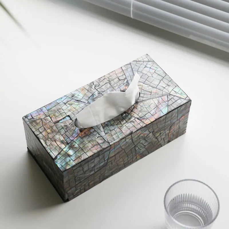 Black rectangular and square natural shell tissue box holder with removable storage tray.
