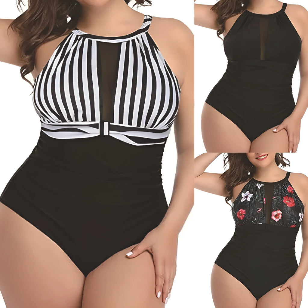 Women's black lace one-piece swimsuit on a hanger, plus size options available.