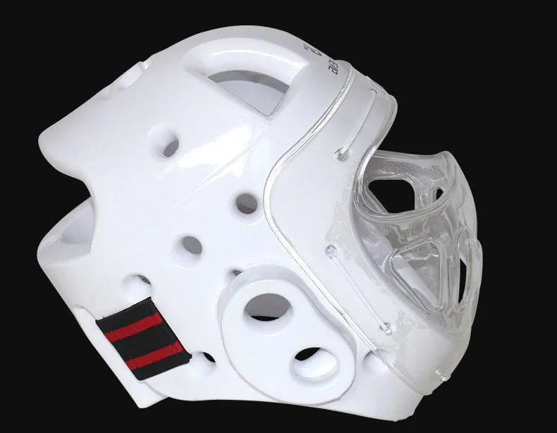 Karate helmet for boxing head protection in white, blue or red colour with size options from S to XL