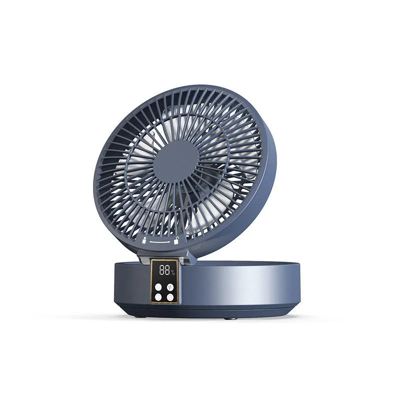 White USB rechargeable folding fan with remote control on a desk, showing 90° adjustable head and night light