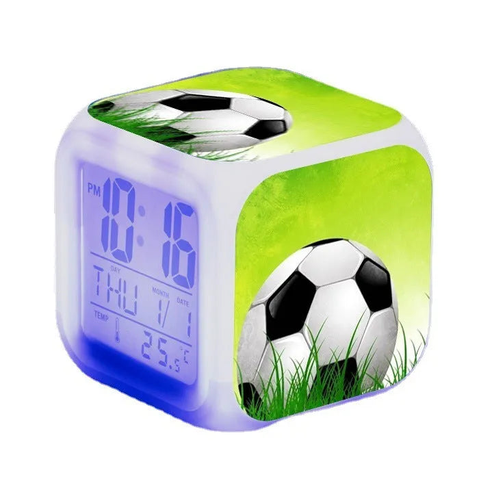 Square football pattern alarm clock with silent mode for children's bedrooms
